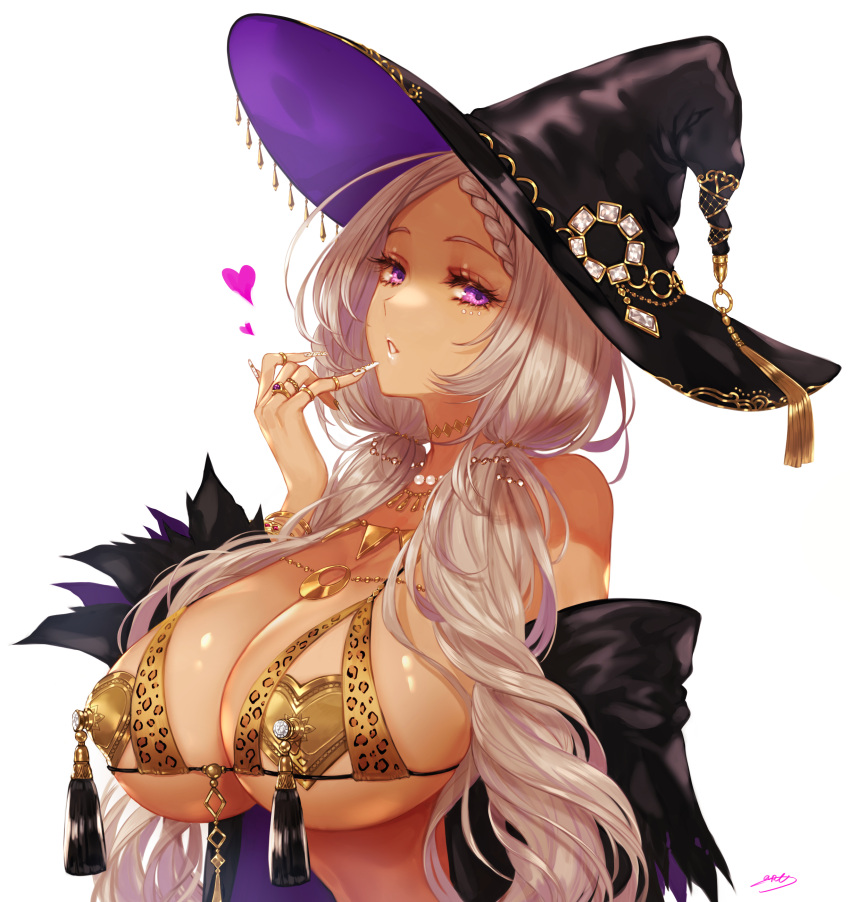 absurdres apt bikini breasts cleavage female fingernails hat heart_pasties highres jewelry large_breasts long_fingernails long_hair looking_at_viewer low_twintails necklace nippleless_clothes original parted_lips pasties pearl_necklace platinum_blonde_hair purple_eyes simple_background solo sorcerer_(apt) swimsuit tassel twintails very_long_hair white_background witch_hat yellow_bikini