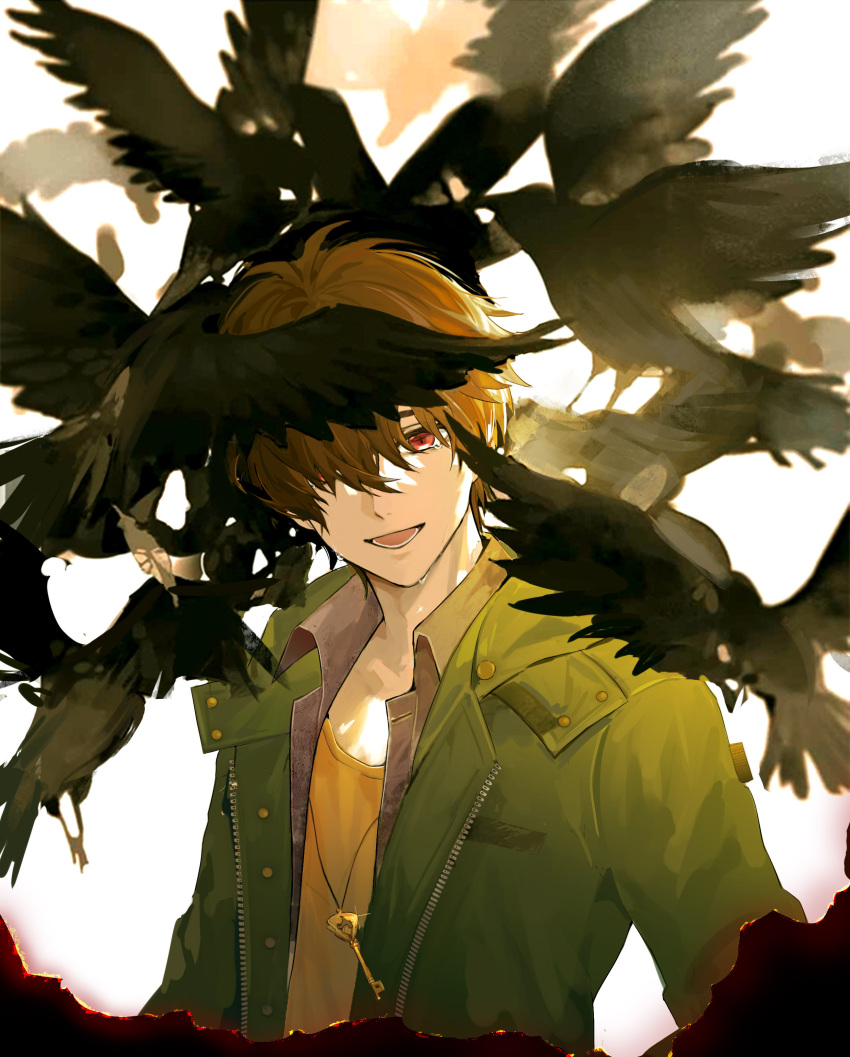 1boy :d absurdres bird brown_eyes brown_hair crow green_jacket hair_over_one_eye highres jacket jewelry key laoyepo long_sleeves looking_at_viewer luke_pearce_(tears_of_themis) male_focus necklace open_mouth shirt short_hair simple_background smile solo tears_of_themis white_background yellow_shirt