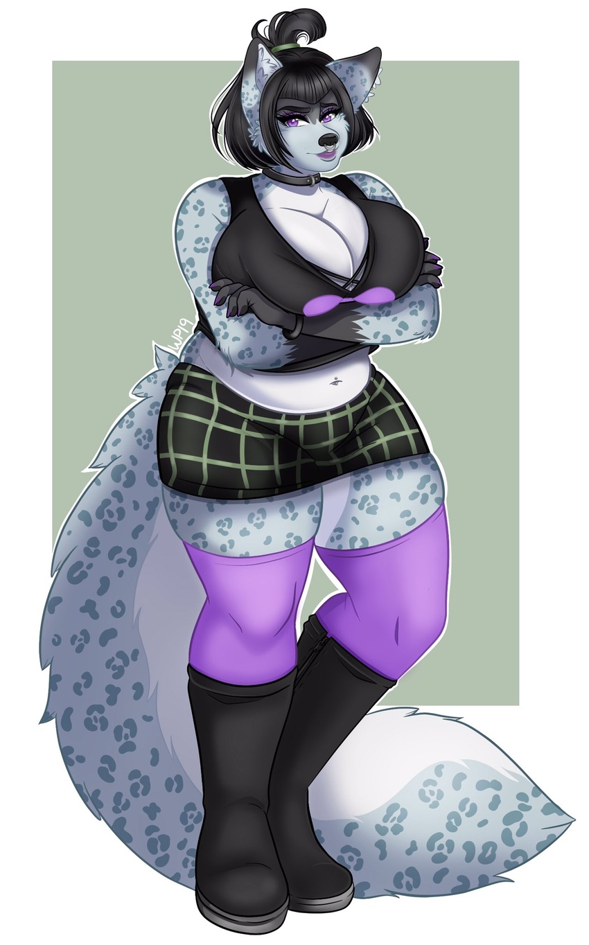 alternative_fashion anthro big_breasts bottomwear breasts catsmeow cleavage clothed clothing crossed_arms felid female fur furgonomics goth hi_res legwear mammal miniskirt pantherine skirt slightly_chubby snow_leopard solo tail tail_through_skirt thigh_highs