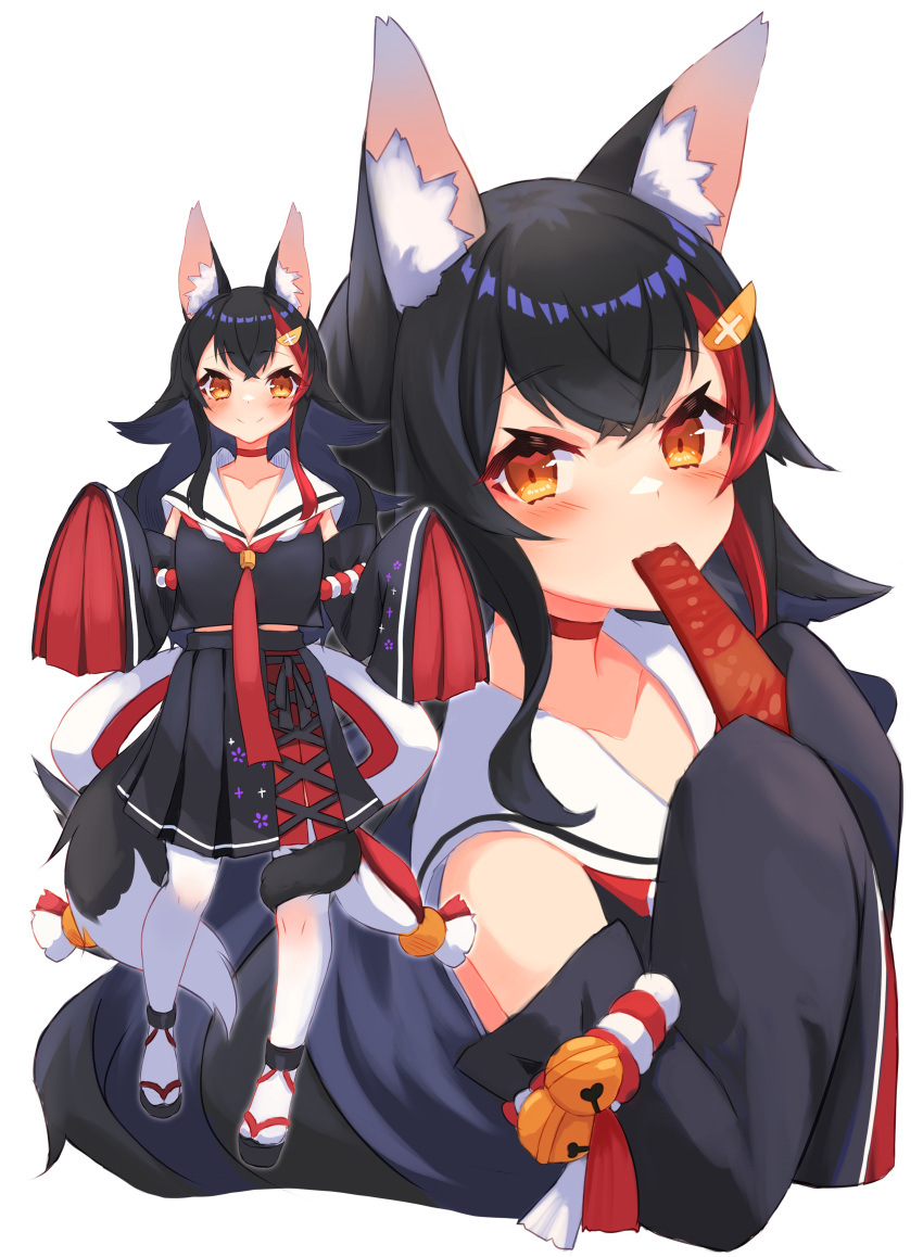 absurdres animal_ear_fluff animal_ears bare_shoulders beef_jerky bell black_hair black_serafuku black_shirt black_skirt black_sleeves blush brown_eyes closed_mouth collarbone commentary_request detached_sleeves eating female food hair_ornament highres holding holding_food hololive inre_kemomimi jingle_bell long_hair long_sleeves looking_at_viewer multiple_views ookami_mio ookami_mio_(1st_costume) pantyhose pleated_skirt red_hair sailor_collar school_uniform serafuku shirt simple_background skirt sleeveless sleeveless_shirt sleeves_past_fingers sleeves_past_wrists smile tail very_long_hair virtual_youtuber white_background white_legwear white_sailor_collar wolf_ears wolf_girl wolf_tail