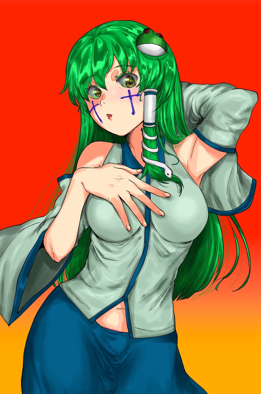 arm_up armpits babus_(nicoseiga56306120) bad_id bad_twitter_id blue_skirt collared_shirt commentary cookie_(touhou) cowboy_shot cross facepaint female frog_hair_ornament gradient_background green_hair hair_ornament hair_tubes hand_on_breast highres kochiya_sanae long_hair looking_at_viewer nontraditional_miko open_mouth orange_background paseri_(cookie) shirt skirt sleeveless sleeveless_shirt snake_hair_ornament solo touhou white_shirt yellow_eyes