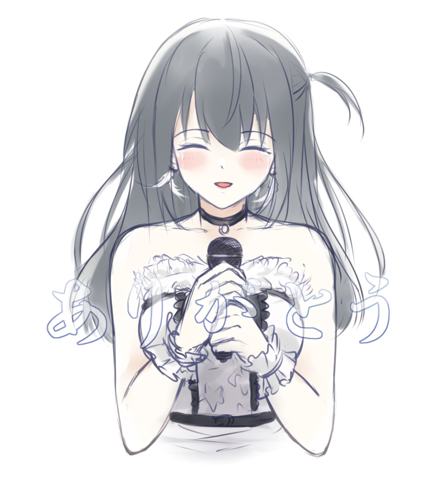 :d black_hair blue_eyes female highres idol idoly_pride kanda_sayaka linfey long_hair looking_at_viewer nagase_mana open_mouth smile solo tears thank_you white_background