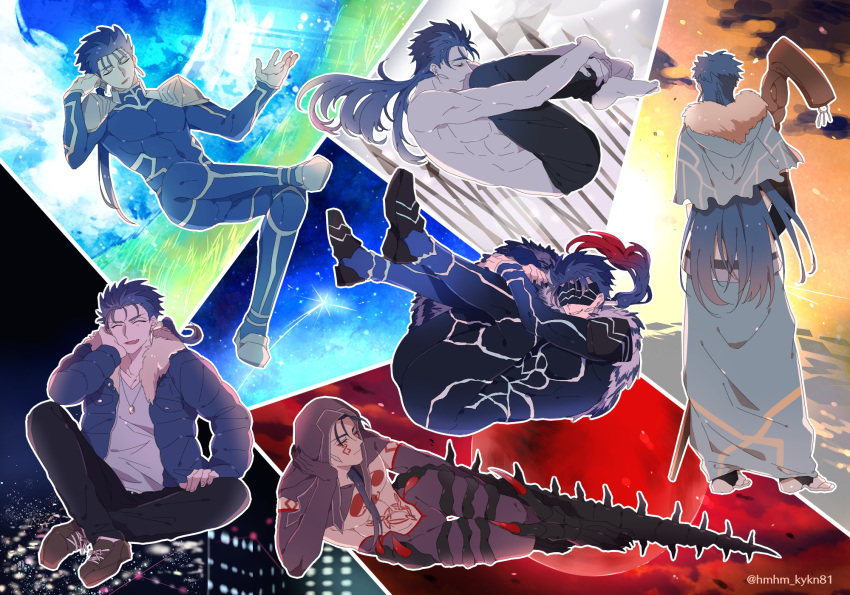 6+boys barefoot bodysuit casual chest_tattoo cu_chulainn_(caster)_(fate) cu_chulainn_(fate) cu_chulainn_(fate/stay_night) cu_chulainn_(prisma_illya) cu_chulainn_alter_(fate) fate/grand_order fate/stay_night fate_(series) fur_collar highres hood hood_up jacket lying male_focus multiple_boys multiple_persona namahamu_(hmhm_81) padded_jacket sleeping tail tattoo topless_male twitter_username wooden_staff