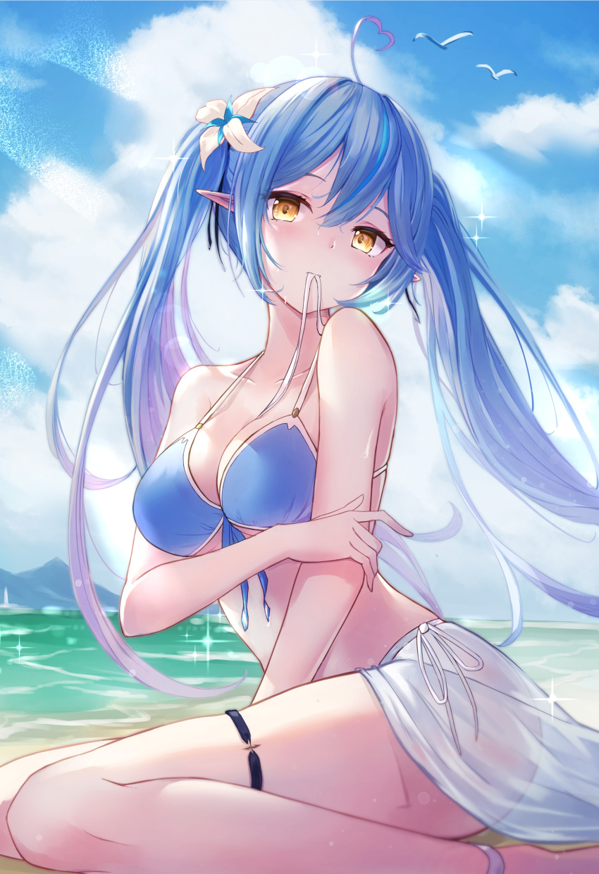 absurdres ahoge bikini bird biting blue_bikini blue_hair blue_sky blush breasts closed_mouth cloud cloudy_sky day female flower hair_flower hair_ornament heart heart_ahoge highres hololive large_breasts long_hair multicolored_hair outdoors pointy_ears sitting sky streaked_hair swimsuit thigh_strap tokisaka_makoto twintails virtual_youtuber water white_flower yellow_eyes yukihana_lamy