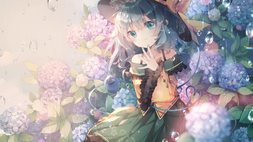 absurdres aqua_nails bare_shoulders black_hat blue_eyes blue_flower blue_hair blurry blurry_foreground bow closed_mouth commentary_request depth_of_field female fingernails flower frilled_sleeves frills green_skirt hair_between_eyes hat hat_bow highres hydrangea komeiji_koishi long_hair long_sleeves looking_at_viewer nail_polish off-shoulder_shirt off_shoulder pleated_skirt purple_flower rain rokusai shirt skirt smile solo third_eye touhou water_drop white_flower wide_sleeves yellow_bow yellow_shirt