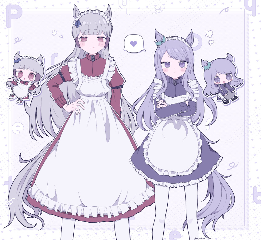 2girls absurdres adapted_costume alternate_costume animal_ears apron black_footwear blue_bow blush blush_stickers bow brown_dress brown_footwear chibi closed_mouth commentary_request crossed_arms dress ear_covers ear_ribbon enmaided frilled_apron frills gold_ship_(umamusume) green_ribbons grey_hair hand_on_own_hip heart highres holding holding_tray horse_ears horse_girl horse_tail long_hair long_sleeves looking_at_viewer maid maid_apron maid_headdress mejiro_mcqueen_(umamusume) multiple_girls pantyhose purple_dress purple_eyes purple_hair ribbon ringed_eyes shoes smirk spoken_heart tail tray umamusume v-shaped_eyebrows very_long_hair white_apron white_legwear wotoha