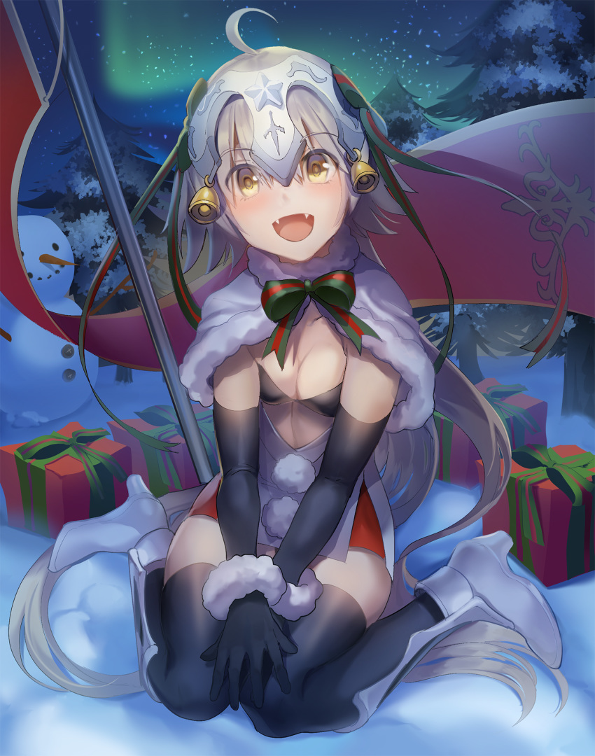 :d aurora bell bikini bikini_top_only black_bikini black_gloves black_thighhighs boba bow capelet commentary dress elbow_gloves fangs fate/grand_order fate_(series) female fur-trimmed_capelet fur_trim gift gloves green_bow green_ribbons headpiece highres jeanne_d'arc_alter_santa_lily_(fate) night night_sky open_mouth outdoors ribbon short_dress sitting sky smile snow snowman solo star_(sky) starry_sky striped striped_bow striped_ribbon swimsuit thighhighs tree wariza white_capelet white_dress winter