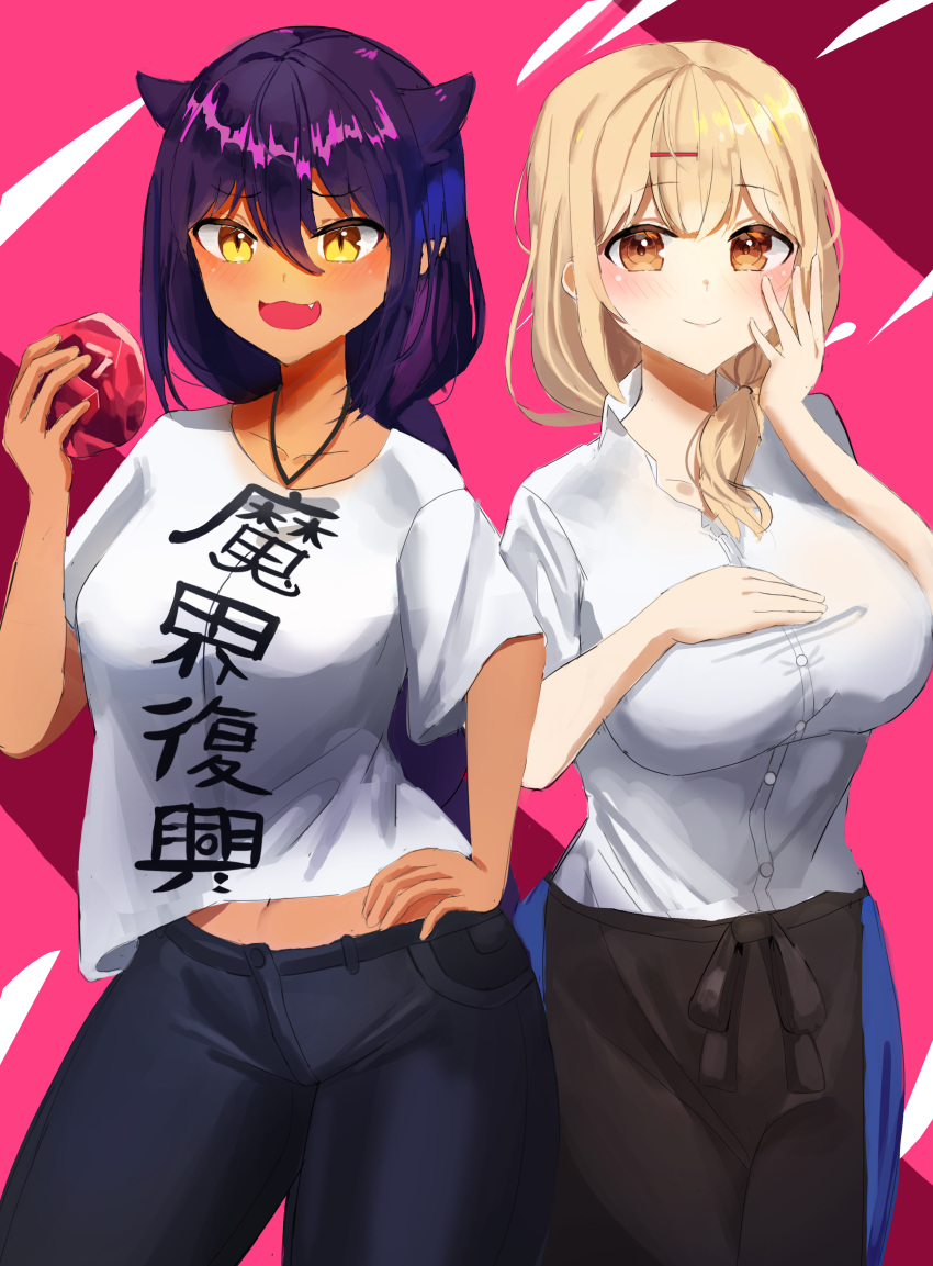 absurdres blonde_hair blush braid breasts brown_eyes clothes_writing commentary dark-skinned_female dark_skin female hair_between_eyes hair_ornament highres jahy jahy-sama_wa_kujikenai! large_breasts long_hair looking_at_viewer oerba_yun_fang purple_hair red_eyes shirt single_braid smile tenchou_(jahy) very_long_hair wellski yellow_eyes