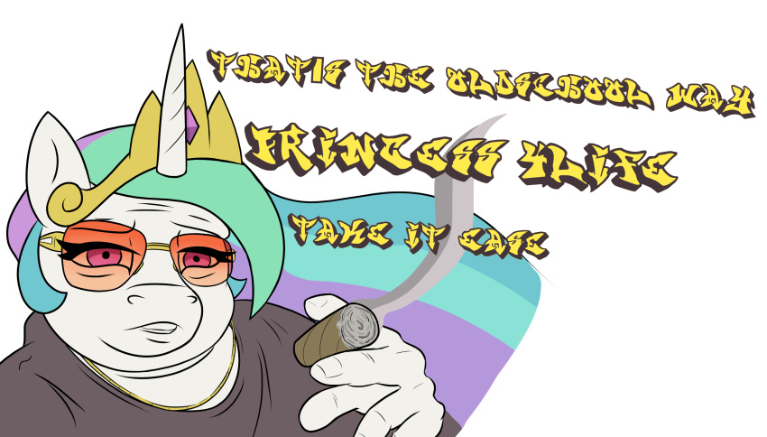 absurd_res alicorn anthro cocaine_(artist) conditional_dnp english_text equid equine eyewear female friendship_is_magic graffiti hasbro hi_res horn horse mammal meme my_little_pony mythological_creature mythological_equine mythology ponification pony princess_celestia_(mlp) smoking_tobacco solo sunglasses text what_has_magic_done wings