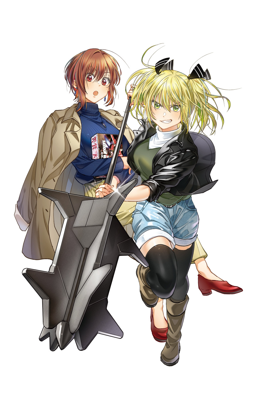 2girls :o absurdres beige_jacket black_jacket boots box breasts brown_footwear brown_hair check_commentary commentary_request cover cover_image cover_page denim denim_shorts gundam gundam_seed gundam_seed_destiny gundam_tekketsu_no_orphans hg_ni_koisuru_futari high_heels highres holding holding_box holding_weapon jacket jacket_on_shoulders kanzaki_sayaka_(hg_ni_koisuru_futari) kudou_makoto leather leather_jacket mace manga_cover medium_breasts medium_hair momoka_(hg_ni_koisuru_futari) multiple_girls open_mouth red_footwear saviour_gundam short_hair shorts thighhighs twintails weapon yellow_eyes