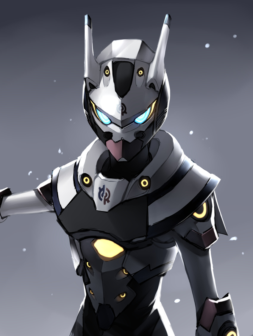 armor blue_eyes close-up female glowing glowing_eyes grey_background hero-san_to_moto_onna_kanbu-san highres looking_at_viewer outstretched_arm power_armor rapid_rabbit solo somechime_(sometime1209) tokusatsu