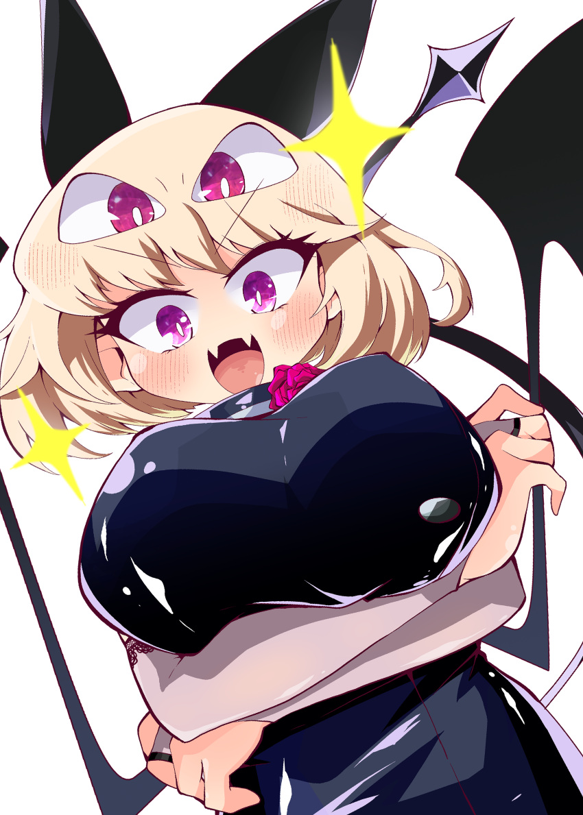 absurdres animal_ears arms_under_breasts bat_ears bat_wings black_dress blonde_hair blush breasts crossed_arms debby_the_corsifa debby_the_corsifa_wa_makezugirai demon_tail demon_wings dress elbow_gloves extra_eyes fangs female fingerless_gloves flower flower_neckwear from_below gloves highres large_breasts looking_at_viewer oerba_yun_fang open_mouth purple_eyes red_eyes red_flower red_rose rose shinsou_komachi short_hair simple_background skin_fangs solo tail v-shaped_eyebrows white_background wings