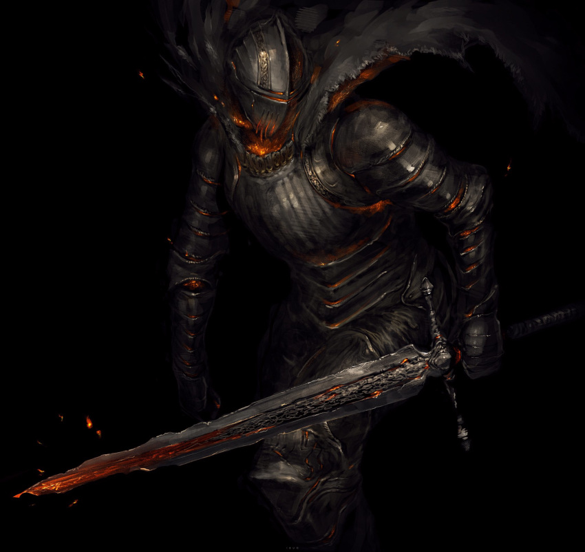 1other ambiguous_gender arm_at_side armor armored_boots bad_id bad_twitter_id black_armor black_background boots broken broken_sword broken_weapon cape chipped_sword dark_souls_(series) dark_souls_i embers full_armor gauntlets helm helmet highres holding holding_sword holding_weapon ibuo_(ibukht1015) knight left-handed pauldrons plate_armor shoulder_armor simple_background sword torn_cape torn_clothes weapon