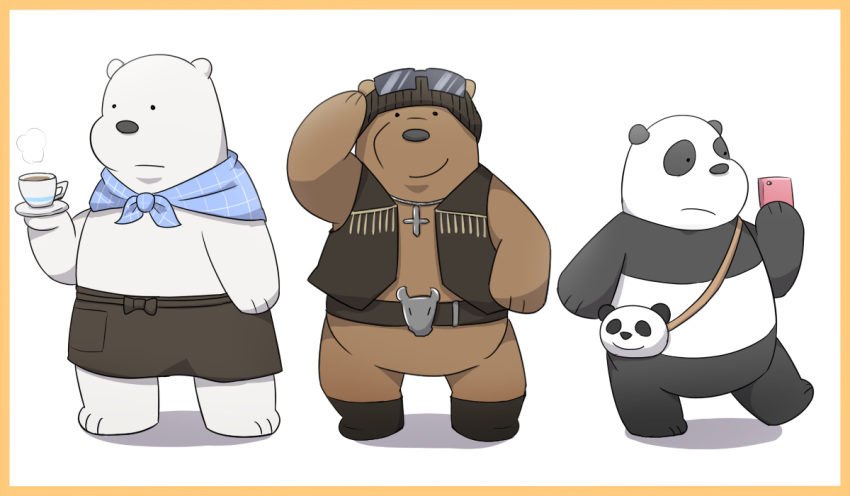 anthro apron bear belly black_body black_fur brown_bear brown_body brown_fur cartoon_network clothing cosplay electronics emufu fur giant_panda grizzly_(shirokuma_cafe) grizzly_(we_bare_bears) grizzly_bear group ice_bear_(we_bare_bears) kemono male mammal panda-kun panda_(we_bare_bears) phone polar_bear shirokuma shirokuma_cafe slightly_chubby ursine we_bare_bears white_body white_fur