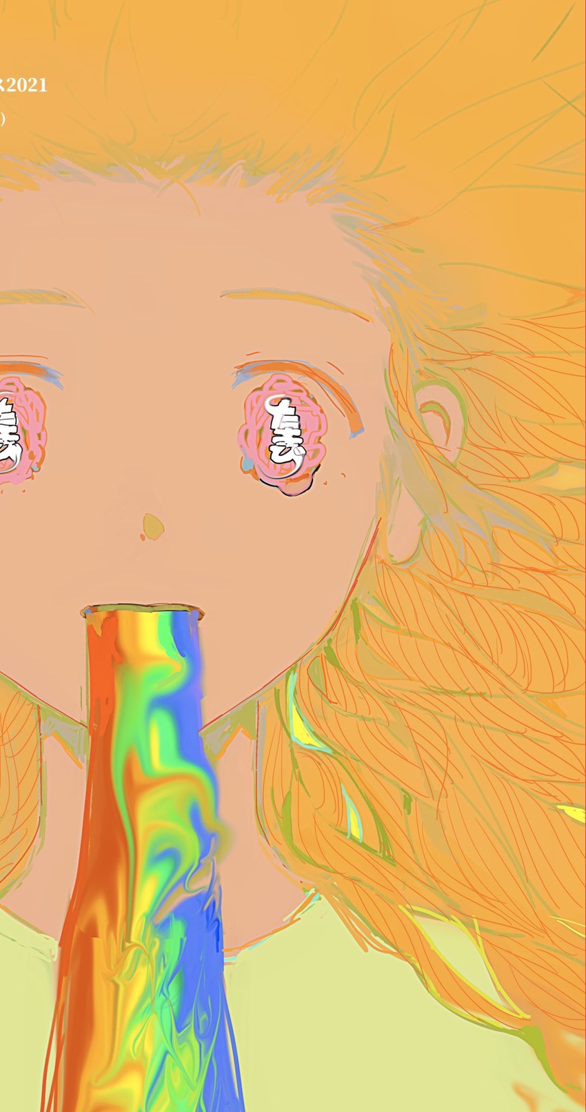 alternate_body_fluid bad_id bad_twitter_id female floating_hair green_shirt highres long_hair looking_at_viewer nima_(nimamann) orange_hair original pink_eyes portrait rainbow shirt solo surreal