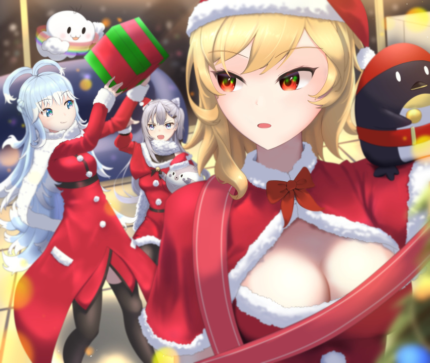 3girls absurdres alternate_costume bazo_(vestia_zeta) blonde_hair blue_eyes blue_hair breasts christmas christmas_ornaments christmas_tree cleavage cleavage_cutout clothing_cutout couch firen_inferno floor gift grey_eyes grey_hair hat highres holoh3roes hololive hololive_indonesia kaela_kovalskia kobo_kanaeru long_hair looking_to_the_side multiple_girls open_mouth red_eyes santa_costume santa_hat sitting standing thighhighs vestia_zeta virtual_youtuber