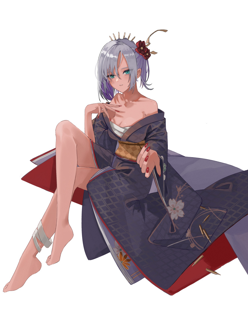 absurdres aqua_eyes arm_up bandaged_leg bandages bare_legs bare_shoulders barefoot breasts chest_sarashi cleavage collarbone commission crossed_legs feet female flower full_body girls'_frontline grey_hair hair_flower hair_ornament highres japanese_clothes kimono legs looking_at_viewer medium_breasts mg5_(dark_blossom_of_the_end)_(girls'_frontline) mg5_(girls'_frontline) nail_polish official_alternate_costume open_mouth parted_lips pixiv_commission reaching reaching_towards_viewer red_nails sarashi short_hair sitting slit_pupils solo teizen_(niwamaee) toes white_background