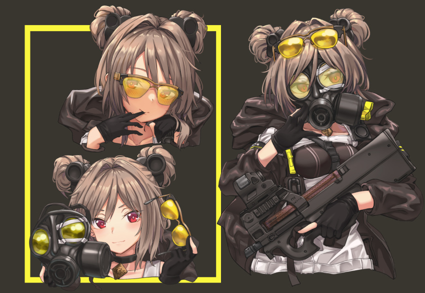 adjusting_mask between_breasts black_gloves black_jacket blush border breasts bullpup choker collarbone commentary_request covered_mouth cropped_torso double_bun eyewear_on_head female gas_mask girls'_frontline gloves gun hair_between_eyes hair_bun hair_intakes highres holding holding_gun holding_mask holding_removed_eyewear holding_weapon hood hood_down ivan_wang jacket jewelry looking_at_viewer mask medium_breasts multiple_views open_clothes open_jacket p90 p90_(girls'_frontline) partially_fingerless_gloves pendant photoshop_(medium) red_eyes simple_background smile submachine_gun sunglasses trigger_discipline unworn_eyewear unworn_mask upper_body weapon yellow_border