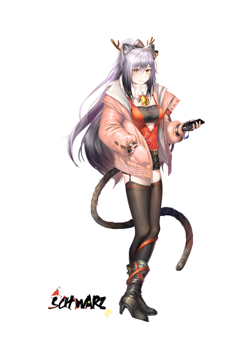 absurdres airysher animal_ears antlers arknights bandeau black_footwear black_shorts black_thighhighs boots cat_ears cat_tail fake_antlers female full_body garter_straps grey_hair hand_in_pocket high_heel_boots high_heels highres holding horns jacket long_hair long_sleeves looking_at_viewer official_alternate_costume open_clothes open_jacket pink_jacket red_shirt schwarz_(arknights) schwarz_(presents)_(arknights) shirt short_shorts shorts simple_background smile solo standing strapless tail thighhighs thighs tube_top very_long_hair white_background yellow_eyes