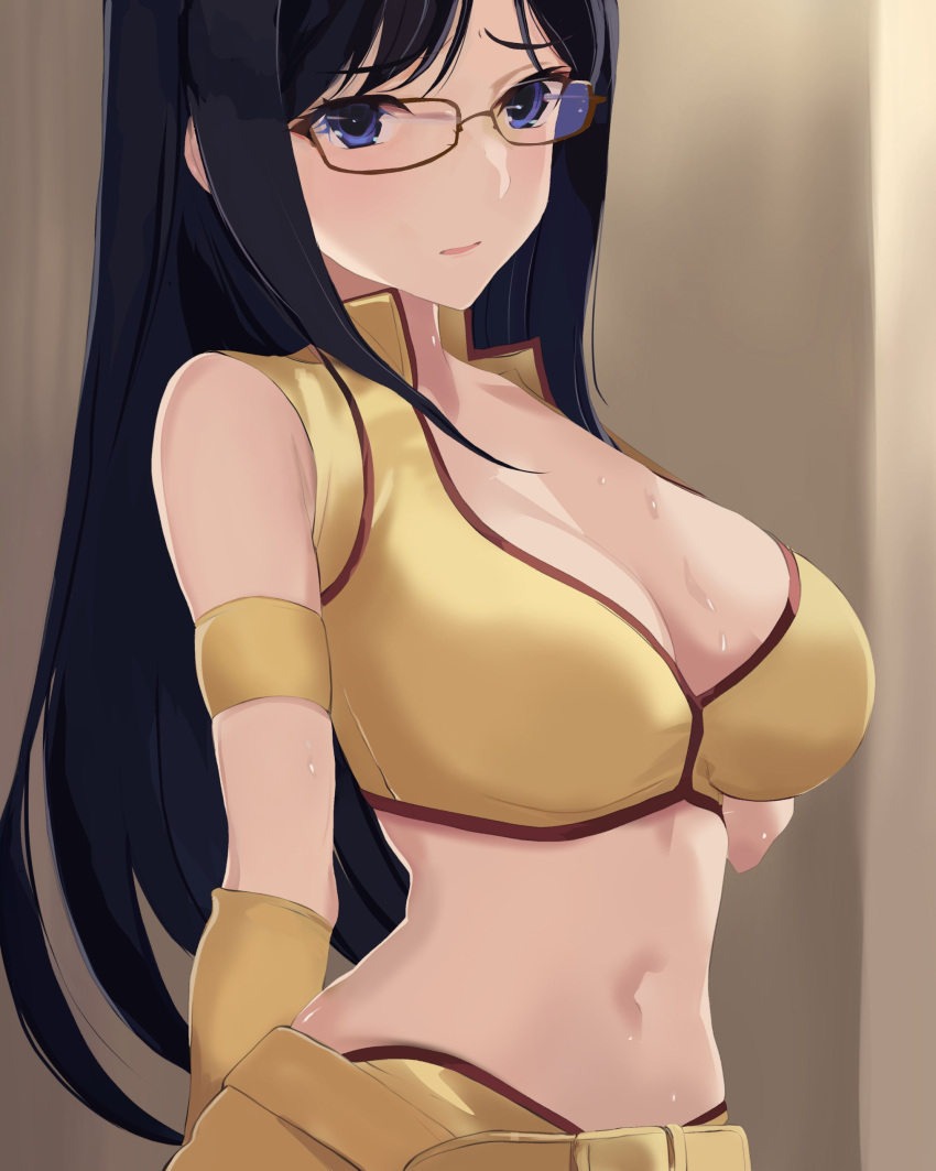 absurdres airport96 alice_gear_aegis belt black_hair blue_eyes breasts cleavage cosplay crop_top dirty_pair female glasses gloves highres large_breasts long_hair looking_at_viewer midriff momoshina_fumika navel open_mouth shirt solo sweat yellow_shirt yuri_(dirty_pair) yuri_(dirty_pair)_(cosplay)