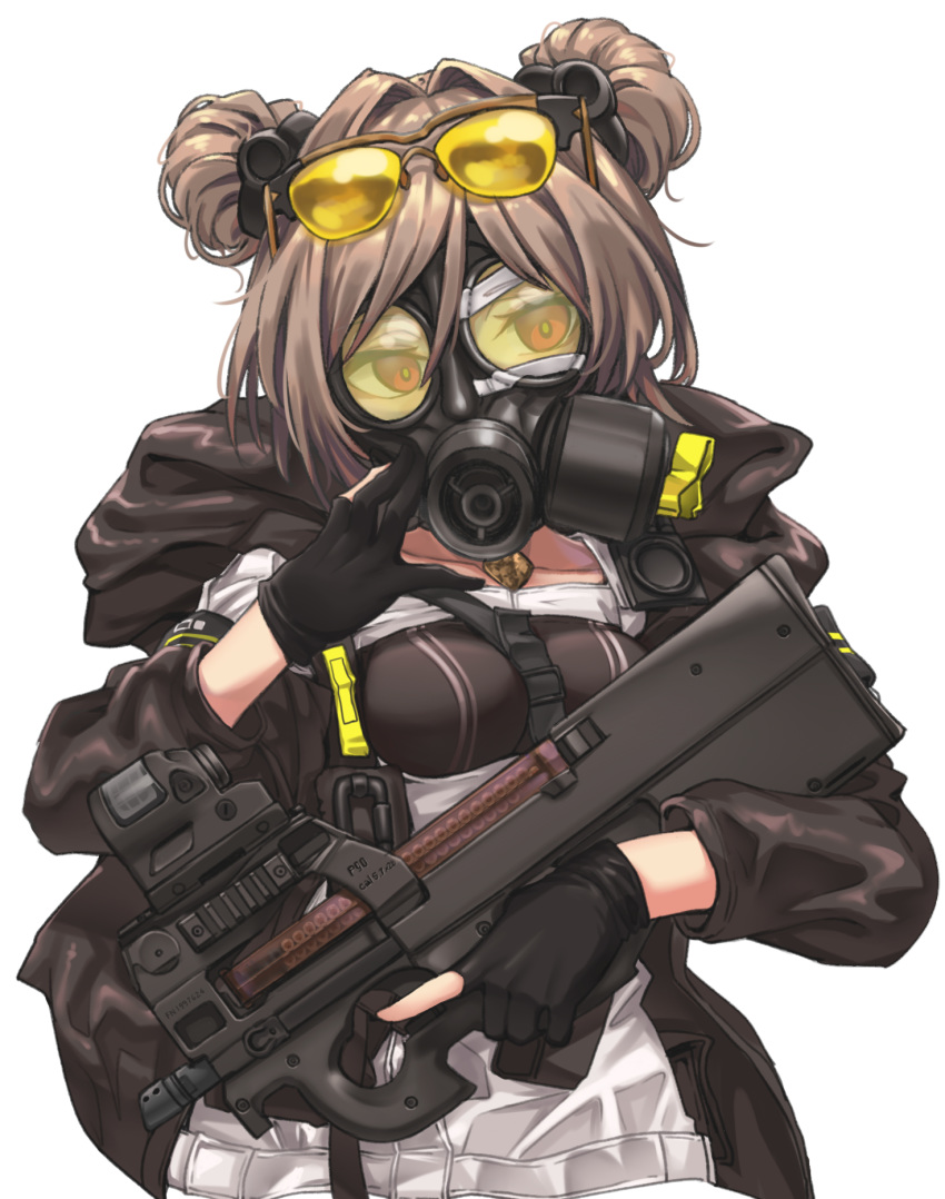 adjusting_mask between_breasts black_gloves black_jacket breasts bullpup choker collarbone commentary_request covered_mouth double_bun eyewear_on_head female gas_mask girls'_frontline gloves gun hair_between_eyes hair_bun hair_intakes highres holding holding_gun holding_weapon hood hood_down ivan_wang jacket jewelry looking_at_viewer mask medium_breasts open_clothes open_jacket p90 p90_(girls'_frontline) partially_fingerless_gloves pendant red_eyes simple_background solo submachine_gun sunglasses trigger_discipline upper_body weapon white_background