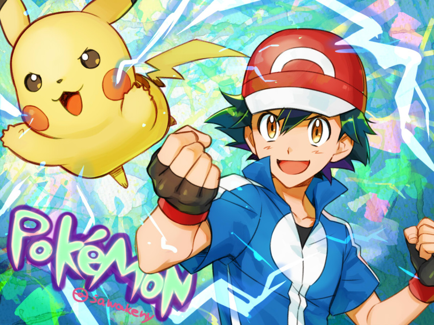 1boy :d baseball_cap black_shirt blue_jacket brown_eyes clenched_hands commentary_request copyright_name fingerless_gloves gloves green_hair hair_between_eyes hat jacket kanimaru male_focus open_mouth pikachu pokemon pokemon_(anime) pokemon_(creature) pokemon_xy_(anime) red_headwear satoshi_(pokemon) shirt short_hair smile spiked_hair