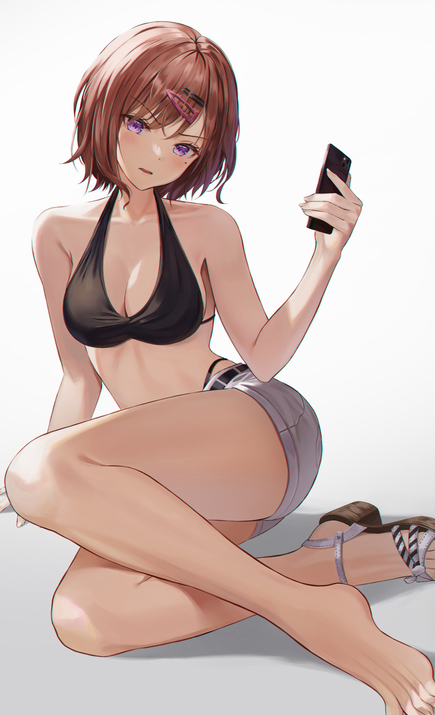 absurdres arm_support bare_arms bare_legs bare_shoulders barefoot belt bikini bikini_top_only bikini_under_clothes black_belt black_bikini blush breasts brown_hair cellphone cleavage elbow_on_own_hip feet female full_body grey_shorts hair_ornament hairclip halterneck head_tilt highres higuchi_madoka holding holding_phone hyonee idolmaster idolmaster_shiny_colors legs looking_at_viewer medium_breasts mole mole_under_eye open_mouth phone platform_footwear purple_eyes sandals shoes short_hair short_shorts shorts simple_background single_sandal single_shoe sitting smartphone solo strappy_heels swept_bangs swimsuit thighs toes v-shaped_eyebrows white_background