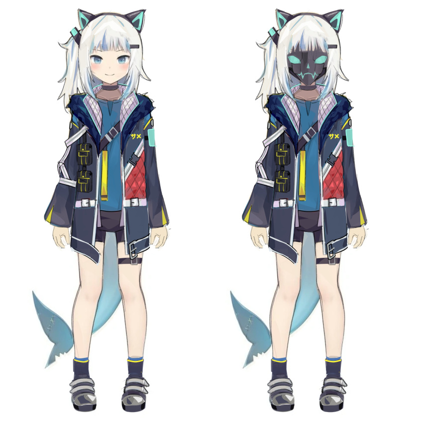 absurdres alternate_costume animal_ear_headphones animal_ears blue_eyes blue_hair blush cat_ear_headphones commentary english_commentary fake_animal_ears female fins fish_tail gawr_gura headphones highres hololive hololive_english hood jacket looking_at_viewer mask multicolored_hair multiple_views open_mouth radical_highway shark_girl shark_tail sharp_teeth smile streaked_hair tail teeth virtual_youtuber