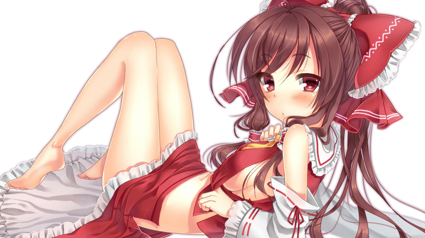 ascot bad_id bad_pixiv_id bare_legs barefoot blush bow breasts brown_hair clothes_pull detached_sleeves female hair_tubes hairbow hakurei_reimu long_hair long_sleeves lying medium_breasts midriff navel no_bra no_panties on_back open_clothes open_skirt ponytail purple_eyes red_bow shirt shirt_pull sideboob simple_background skirt solo touhou umeko_(koori_ume) very_long_hair white_background wide_sleeves