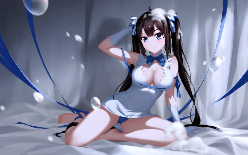 barefoot black_hair blue_eyes bow breasts cangkong cleavage dungeon_ni_deai_wo_motomeru_no_wa_machigatteiru_darou_ka gloves hestia_(danmachi) long_hair panties ribbons twintails underwear