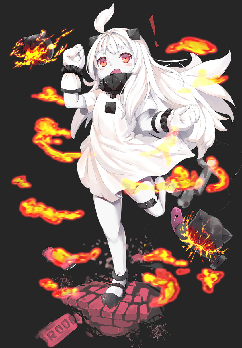 ! abyssal_ship adapted_costume ahoge alternate_costume biting blush_stickers colored_skin commentary_request dress enemy_aircraft_(kancolle) female highres horns kantai_collection long_hair looking_at_viewer mittens northern_ocean_princess open_mouth photoshop_(medium) red_eyes roon_(ddeer2010) standing standing_on_one_leg torpedo white_dress white_hair white_skin