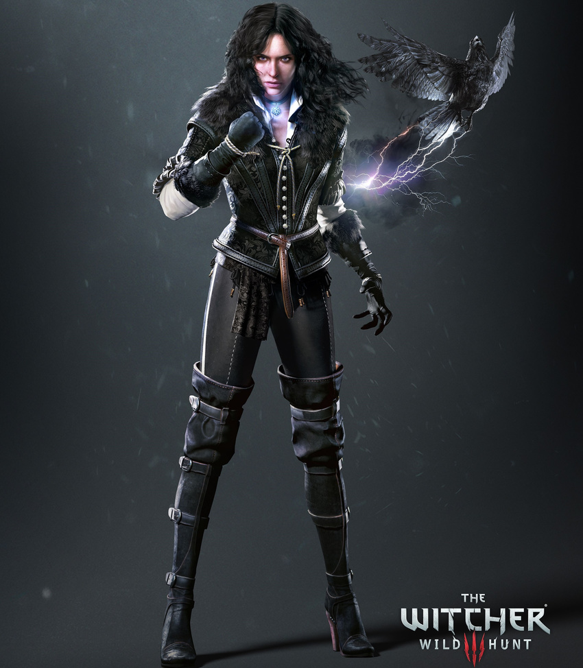 animal bird black_hair crow female gloves highres long_hair looking_at_viewer official_art purple_eyes standing the_witcher yennefer