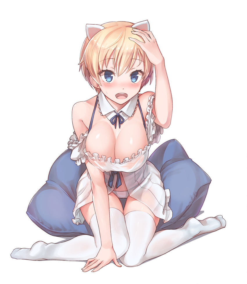 animal_humanoid big_breasts blonde_hair blue_eyes blush brave_witches breasts cat_humanoid clothing felid felid_humanoid feline feline_humanoid female hair hi_res humanoid konnyaku leaning leaning_forward mammal mammal_humanoid nikka_edvardine_katajainen open_mouth sitting solo strike_witches young