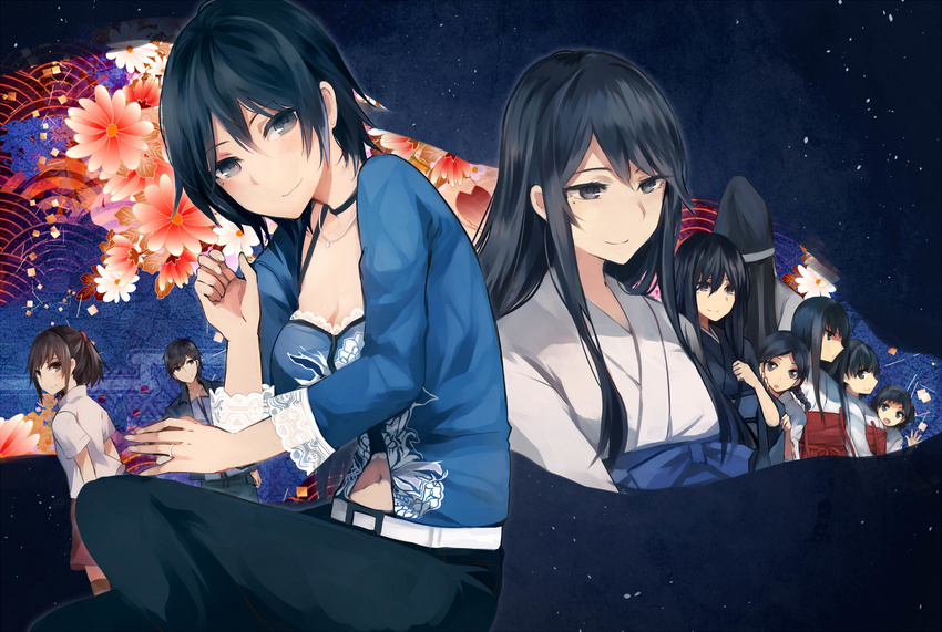 black_hair breasts brown_hair choker cleavage fatal_frame group japanese_clothes kurosawa_rei long_hair navel necklace open_shirt seifuku skirt tagme_(character) tare_nu_(usesase)