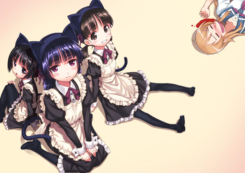 animal_ears apron black_eyes black_hair blood blush brown_hair gokou_hinata gokou_ruri gokou_tamaki kousaka_kirino long_hair maid matsuryuu nosebleed oerba_yun_fang ore_no_imouto_ga_konna_ni_kawaii_wake_ga_nai pantyhose purple_eyes seifuku short_hair tail twintails