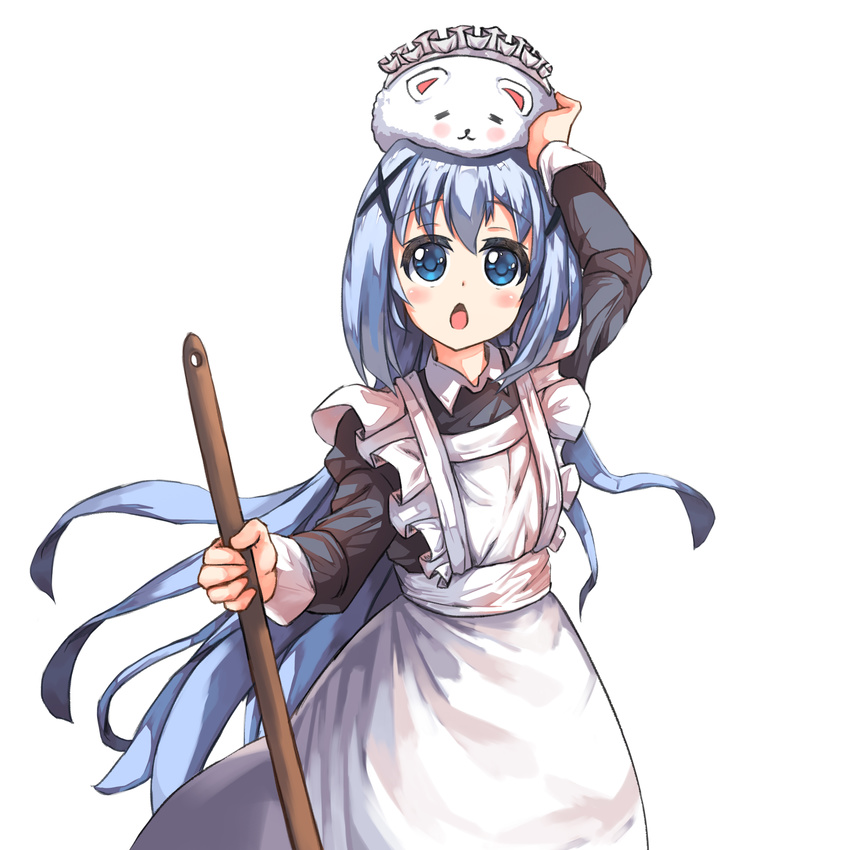 absurdres apron blue_eyes blue_hair broom chestnut_mouth commentary_request female gochuumon_wa_usagi_desu_ka? hair_ornament hairpin highres holding kafuu_chino long_hair looking_up maid maid_apron maid_headdress photoshop_(medium) rabbit roon_(ddeer2010) simple_background tippy_(gochiusa) white_background