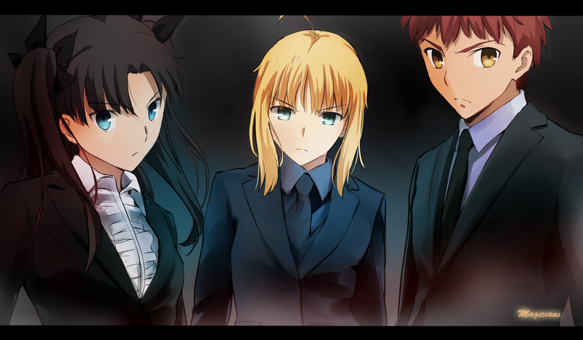 black_hair blonde_hair blue_eyes brown_hair dark emiya_shirou fate/stay_night fate/zero green_eyes magicians male saber suit tohsaka_rin yellow_eyes