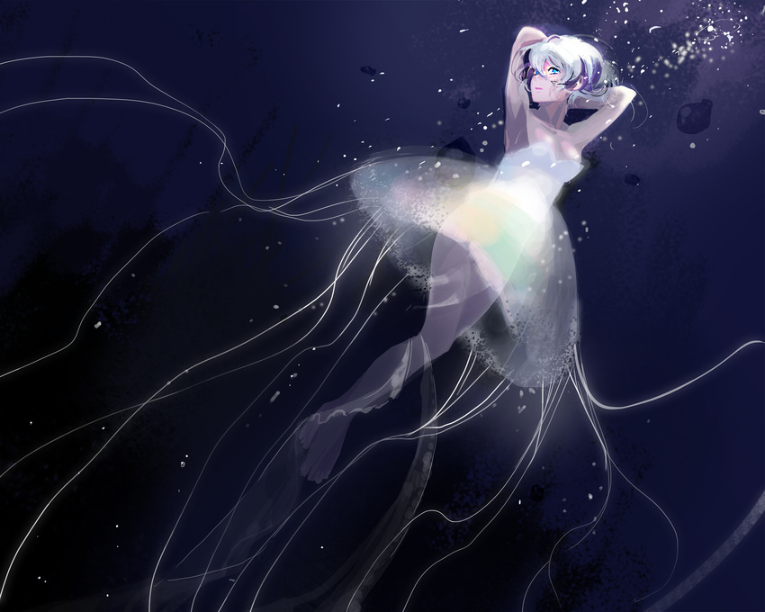 anthro aqua_eyes barefoot bubbles dark dress namu original see_through short_hair underwater water white_hair