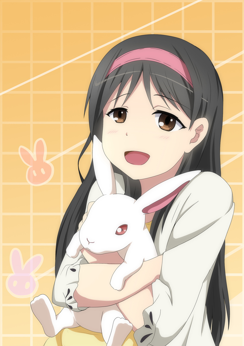 absurdres adachi_eiko amagi_brilliant_park animal animal_hug commentary_request female highres photoshop_(medium) rabbit solo yasume_yukito