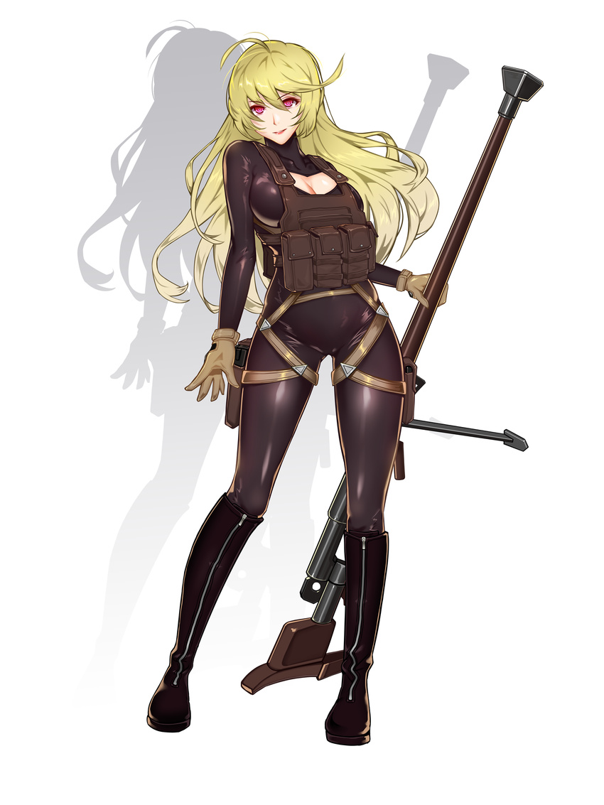 anti-materiel_rifle arm_at_side black_bodysuit black_footwear blonde_hair bodysuit bolt_action boots breasts brown_gloves chinese_commentary choudan cleavage cleavage_cutout clothing_cutout commentary_request female full_body girls'_frontline gloves gun highres holding holding_gun holding_weapon knee_boots large_breasts long_hair looking_at_viewer pouch ptrd-41 ptrd_(girls'_frontline) purple_eyes rifle smile sniper_rifle solo standing very_long_hair weapon