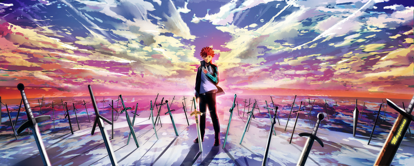 all_male clouds dualscreen emiya_shirou fate/stay_night magicians male red_hair scenic short_hair sky sword weapon