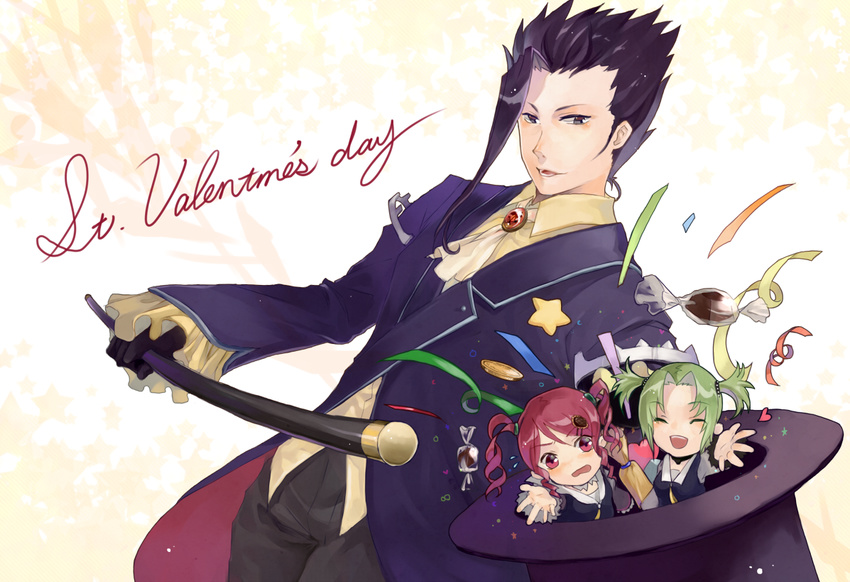 1boy 2girls breasts candy closed_eyes coin droite frills gauche gloves green_hair grey_eyes hair_ornament hat heart multiple_girls open_mouth pants purple_hair red_eyes red_hair short_hair suit tales_of_(series) tales_of_vesperia top_hat twintails yeager