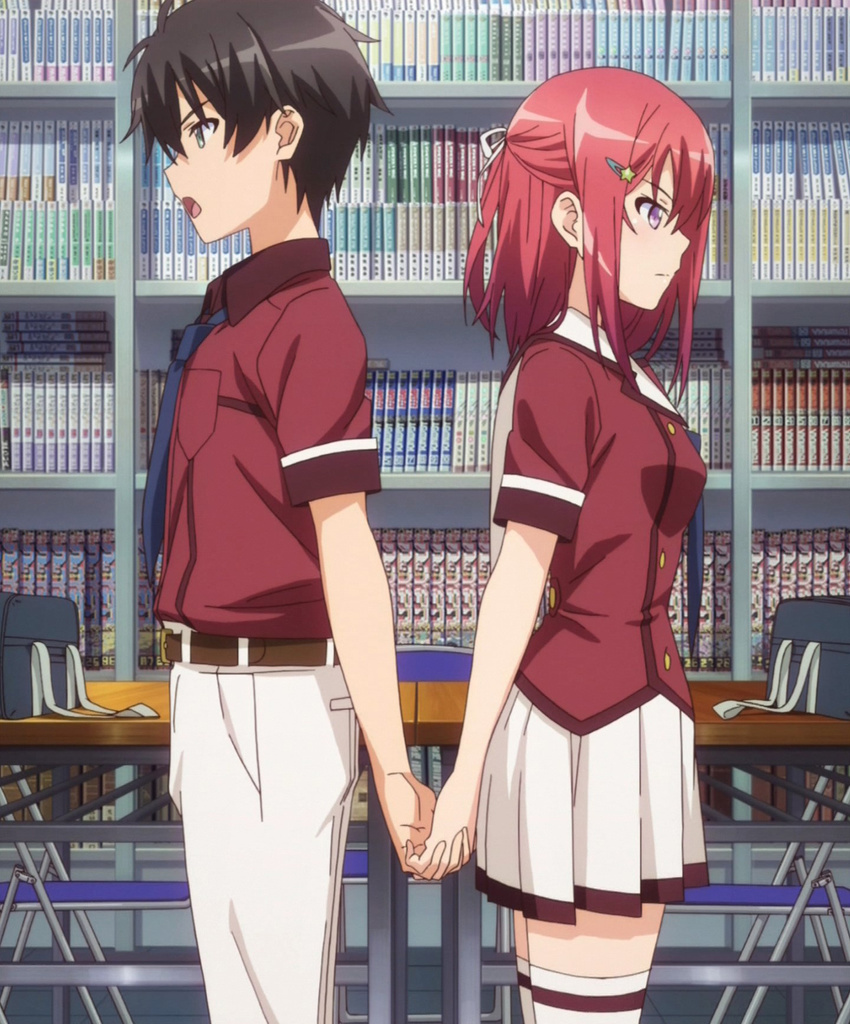 1boy andou_jurai anime_screenshot black_hair female from_side green_eyes highres holding_hands inou-battle_wa_nichijou-kei_no_naka_de interlocked_fingers kanzaki_tomoyo pleated_skirt purple_eyes red_hair school_uniform senkou_high_school_uniform short_hair skirt thighhighs