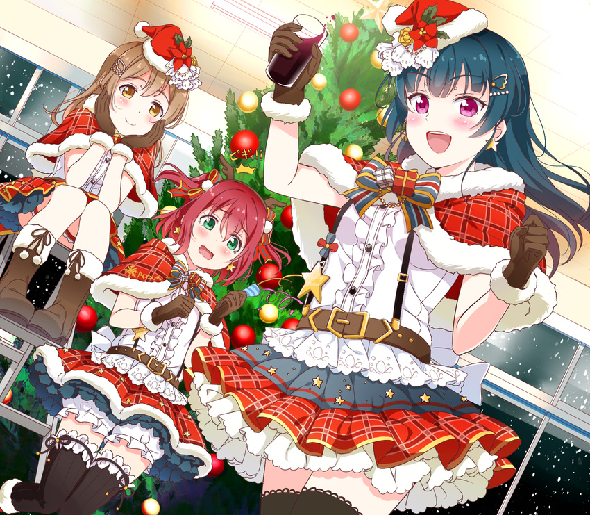 3girls antlers bad_id bad_pixiv_id black_thighhighs blue_hair blush brown_eyes brown_hair capelet christmas christmas_tree commentary_request cup drinking_glass fake_antlers gloves green_eyes hair_bun highres horns indoors jingle_bells_ga_tomaranai kunikida_hanamaru kurosawa_ruby long_hair looking_at_viewer love_live! love_live!_sunshine!! multiple_girls one_eye_closed purple_eyes red_hair reindeer_antlers santa_costume single_hair_bun smile thighhighs tipii tsushima_yoshiko two_side_up zettai_ryouiki