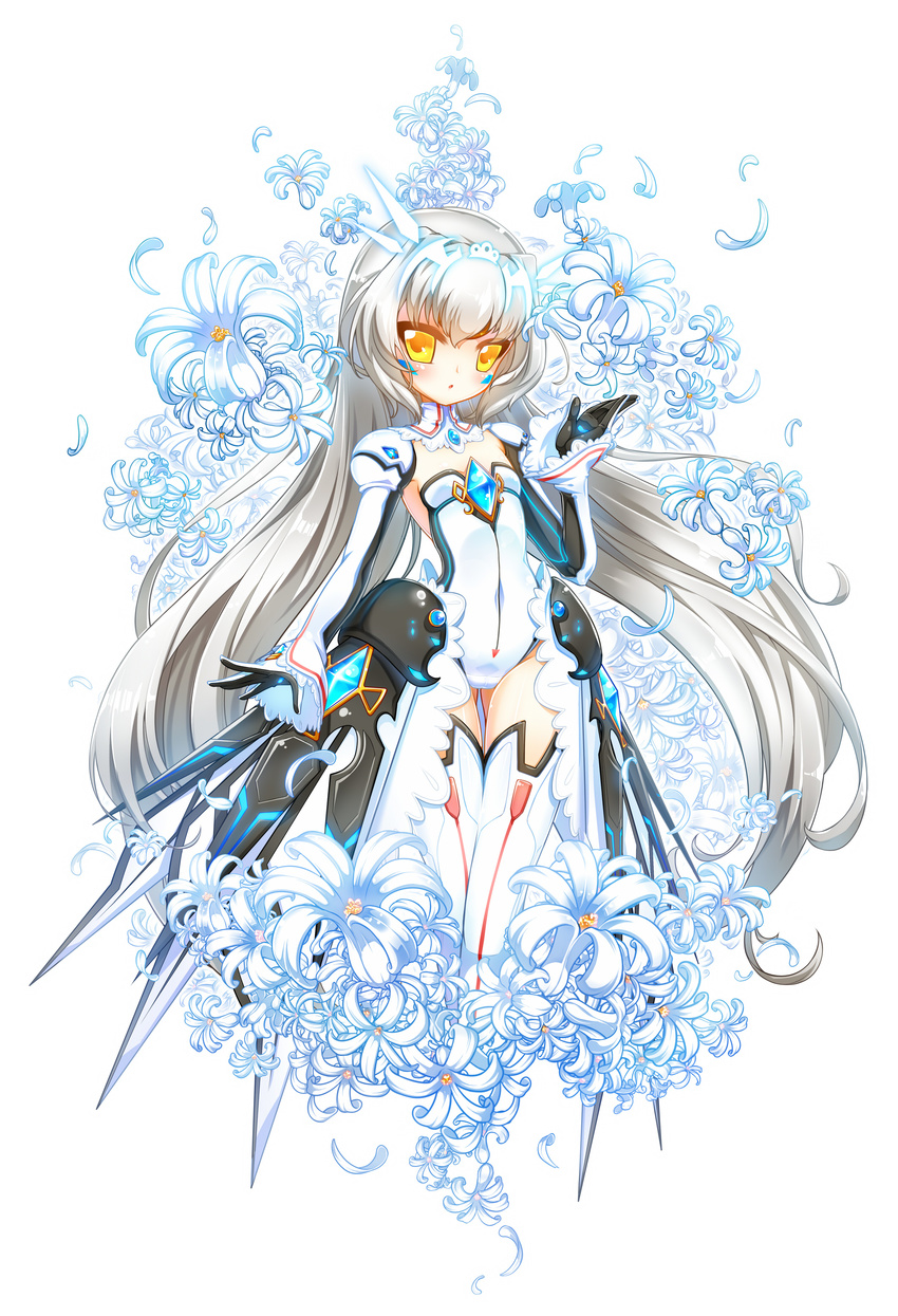 :o absurdres armor armpits ass_visible_through_thighs bad_id bad_pixiv_id blush code:_battle_seraph_(elsword) cowboy_shot detached_collar detached_sleeves elsword eve_(elsword) facial_mark faulds female flat_chest floating_hair flower forehead_protector gem gloves glowing highres hip_focus lace legs_together leotard long_hair looking_at_viewer low_twintails neon_trim parted_lips petals poseich sleeves_past_wrists solo standing strapless strapless_leotard thigh_gap thighhighs twintails very_long_hair white_background white_hair white_thighhighs yellow_eyes