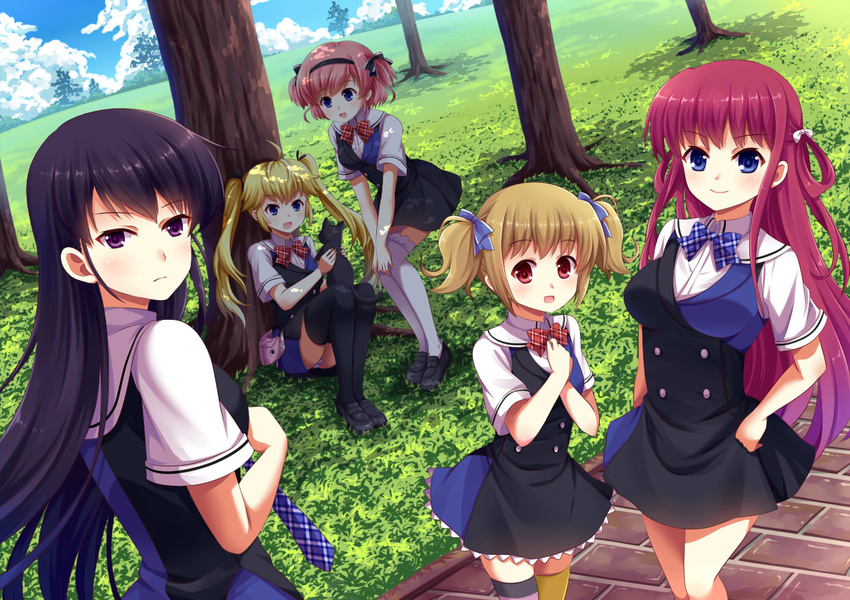 animal black_hair blonde_hair blue_eyes brown_hair feline grass grisaia_no_kajitsu group headband irisu_makina jpeg_artifacts komine_sachi long_hair matsushima_michiru orange_hair park pink_hair purple_eyes red_eyes sakaki_yumiko scenic seifuku short_hair suou_amane thighhighs tree twintails villyane