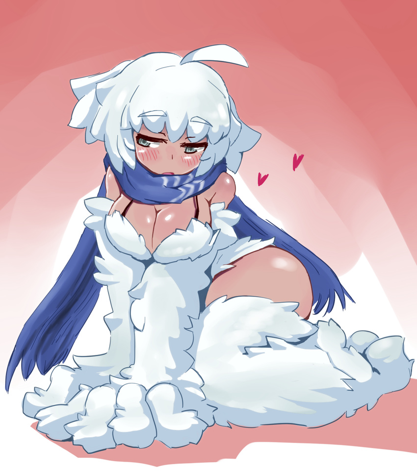 animal_hands blush breasts cleavage commentary dark-skinned_female dark_skin female fur grey_eyes heart highres large_breasts monster_girl monster_girl_encyclopedia scarf short_hair sitting solo swimsuit white_hair yeti_(monster_girl_encyclopedia) yeti_(mu_kaiten)