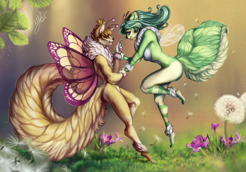 anthro arthropod barefoot breasts butterfly canid canine crown dandelion duo fairy featureless_breasts feet female flower fluffy fluffy_tail fur grass hair headgear hybrid insects lepidopteran male mammal monarch_butterfly nude plant side_view smile tail thescarletartist wings