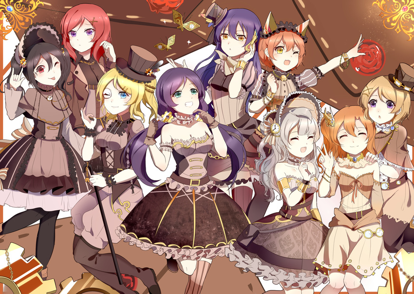 absurdres animal_ears ayase_eli black_hair black_legwear blonde_hair blue_eyes blue_hair breasts cat_ears cleavage closed_eyes dress fake_animal_ears gloves green_eyes grey_gloves hair_ornament hand_on_another's_shoulder hat headphones high_ponytail highres hoshizora_rin koizumi_hanayo kousaka_honoka long_hair love_live! love_live!_school_idol_festival love_live!_school_idol_project medium_breasts minami_kotori mini_hat monocle multiple_girls nishikino_maki one_eye_closed pantyhose purple_eyes red_hair short_hair small_breasts sonoda_umi steampunk strapless strapless_dress striped striped_legwear toujou_nozomi twintails v victorian xinghuo yazawa_nico