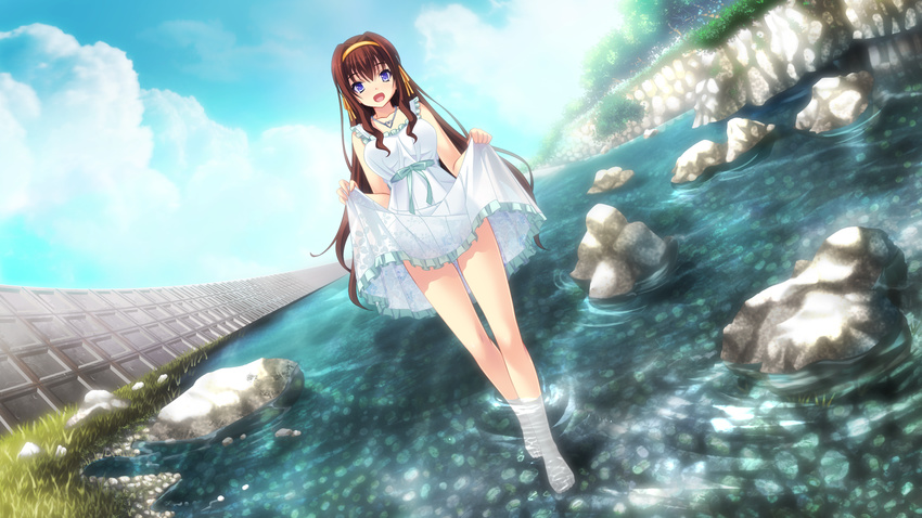 anata_no_koto_wo_suki_to_iwasete barefoot blue_eyes breasts brown_hair cloud clouds cygnus_(artist) dress feet female fujikura_yukino game_cg happy highres large_breasts long_hair looking_at_viewer open_mouth river satofuji_masato sky smile standing toes water